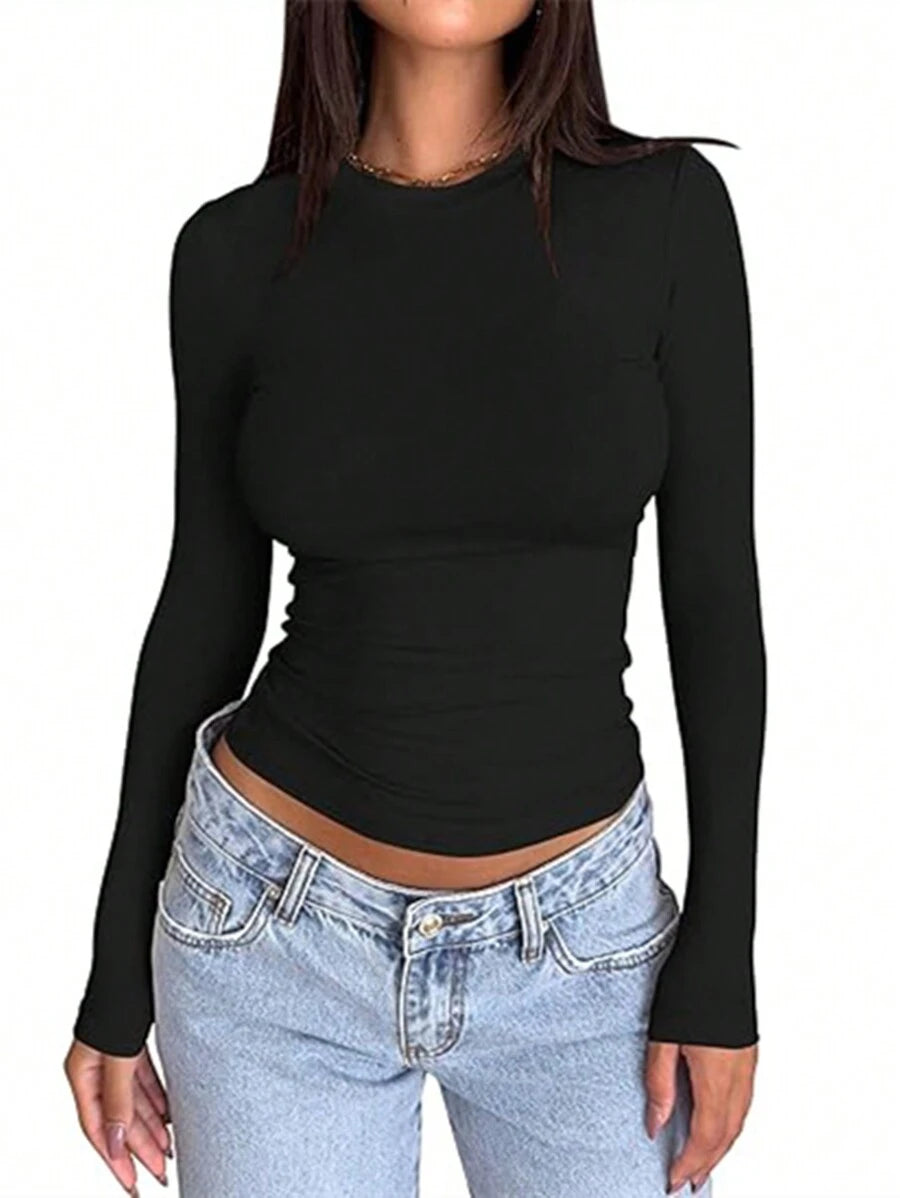INAWLY Solva Women's Solid Color Crew Neck Long Sleeve Casual T-Shirt, Spring Summer Fall Cloth For Women