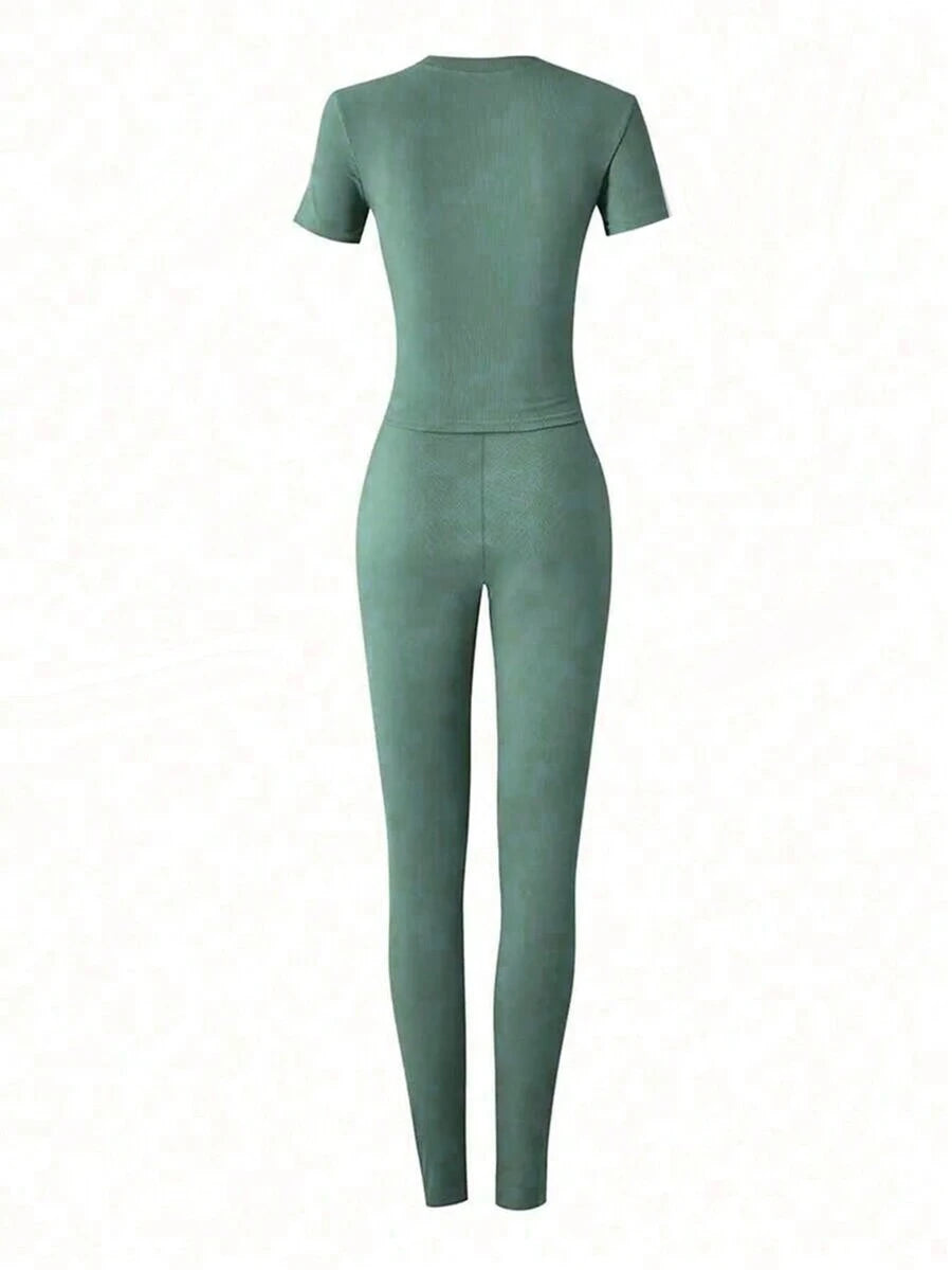 Form-Fitting Short Sleeve High Waisted Skinny Pants Casual Outfit