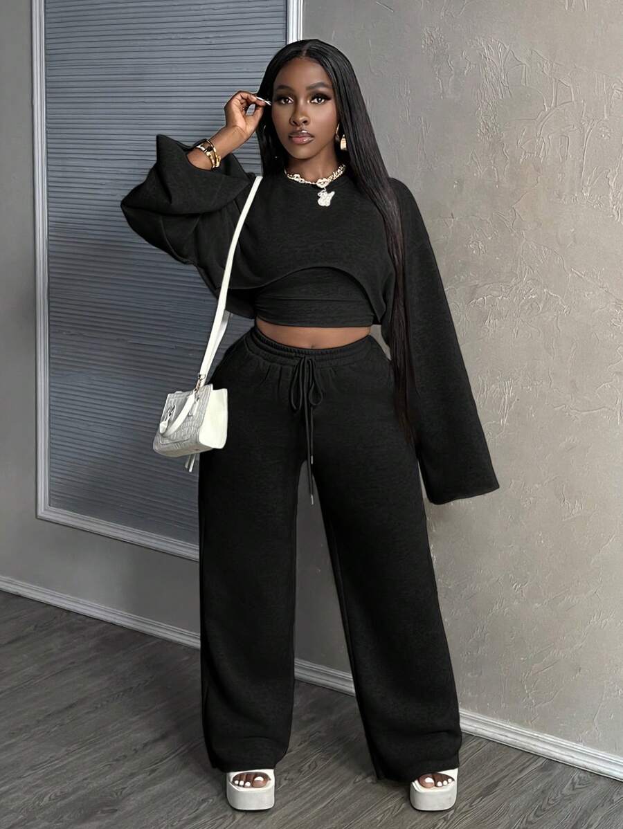 Slaydiva New Casual Basic Solid Color Long Sleeve Cropped Top, Cami, Wide-Leg Pants 3-Piece Suit Set For Women