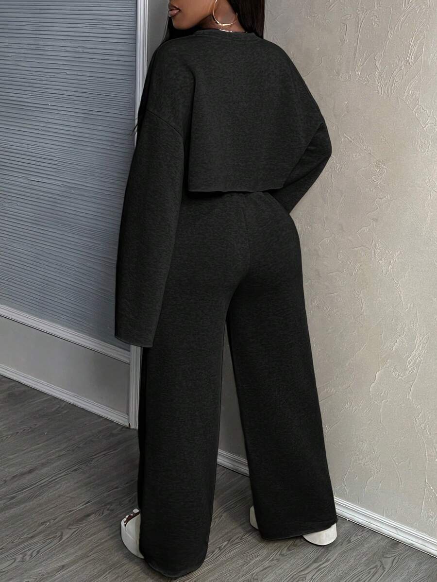 Slaydiva New Casual Basic Solid Color Long Sleeve Cropped Top, Cami, Wide-Leg Pants 3-Piece Suit Set For Women