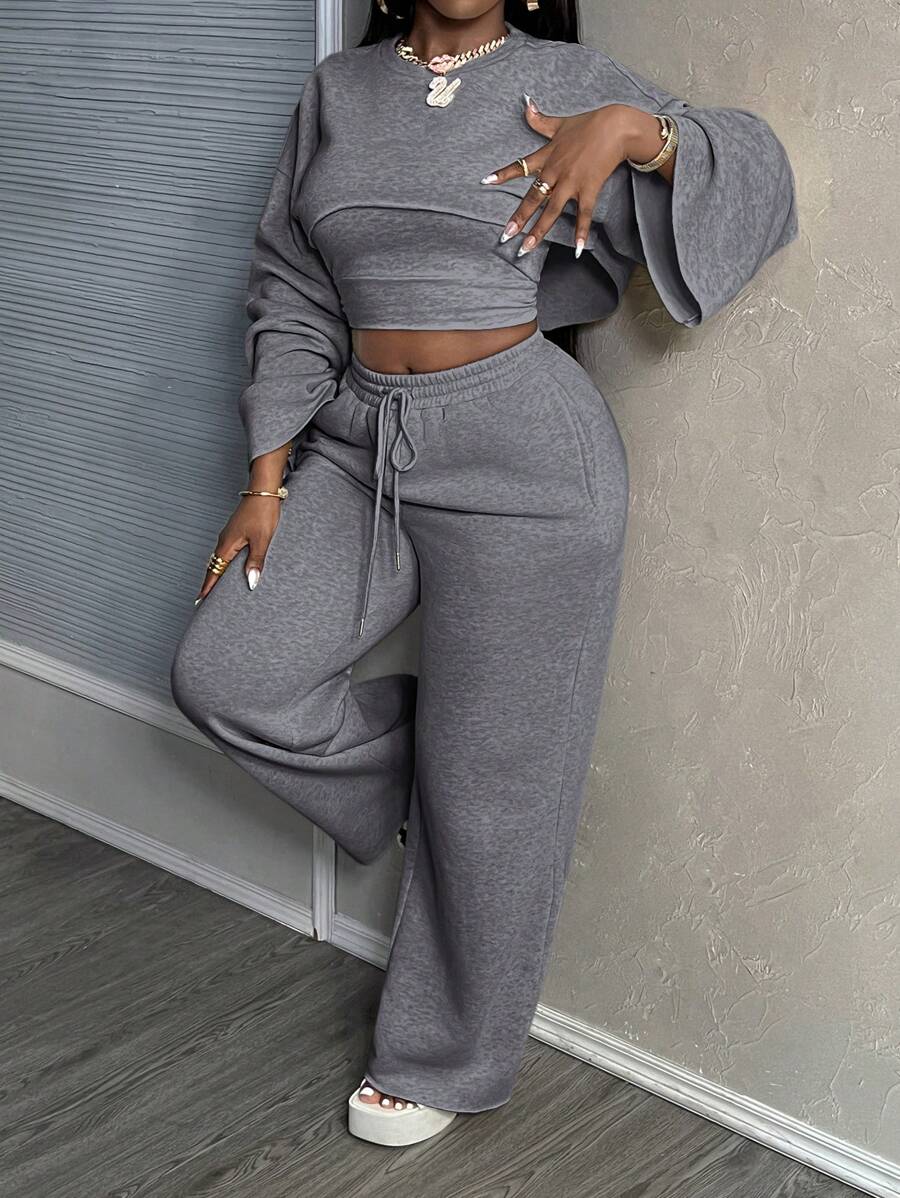 Slaydiva New Casual Basic Solid Color Long Sleeve Cropped Top, Cami, Wide-Leg Pants 3-Piece Suit Set For Women