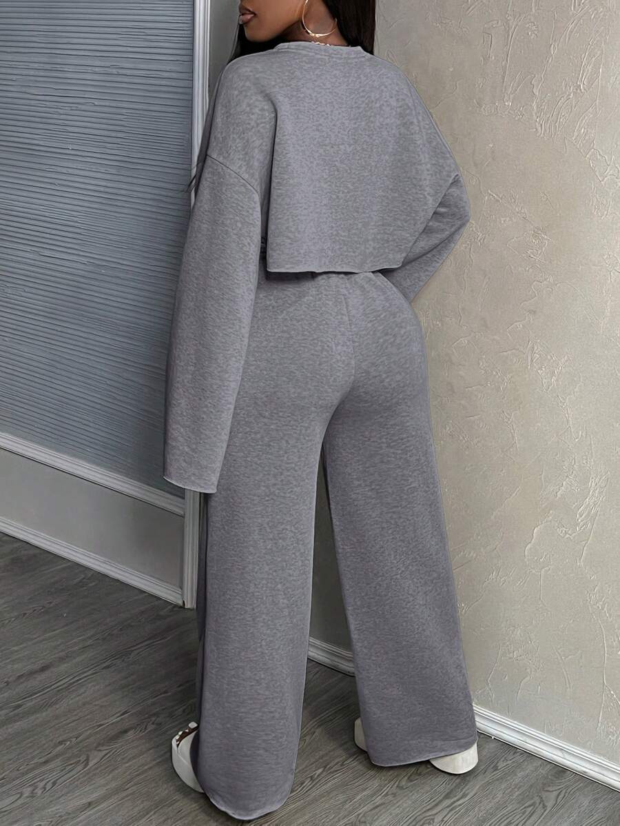 Slaydiva New Casual Basic Solid Color Long Sleeve Cropped Top, Cami, Wide-Leg Pants 3-Piece Suit Set For Women
