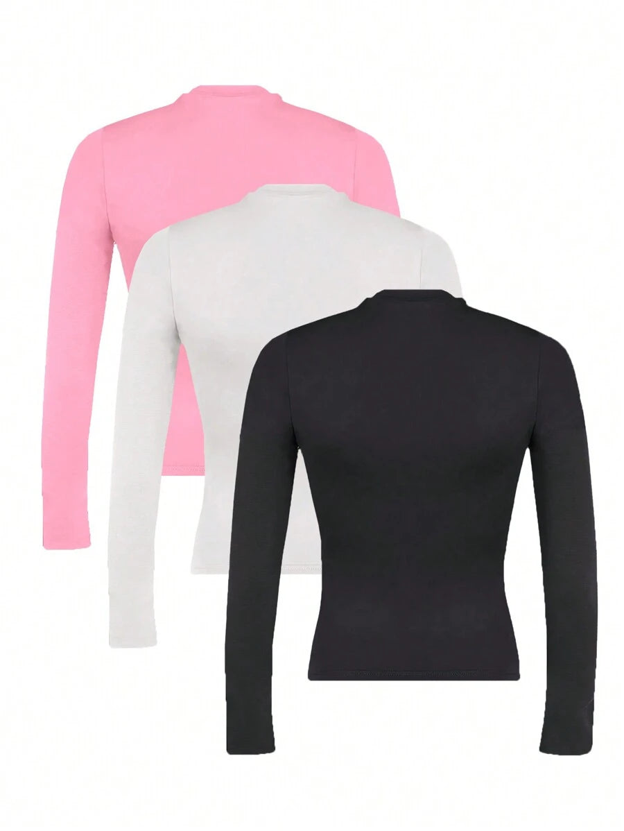 INAWLY Solva Women's Solid Color Crew Neck Long Sleeve Casual T-Shirt, Spring Summer Fall Cloth For Women