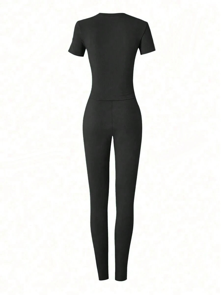 Form-Fitting Short Sleeve High Waisted Skinny Pants Casual Outfit