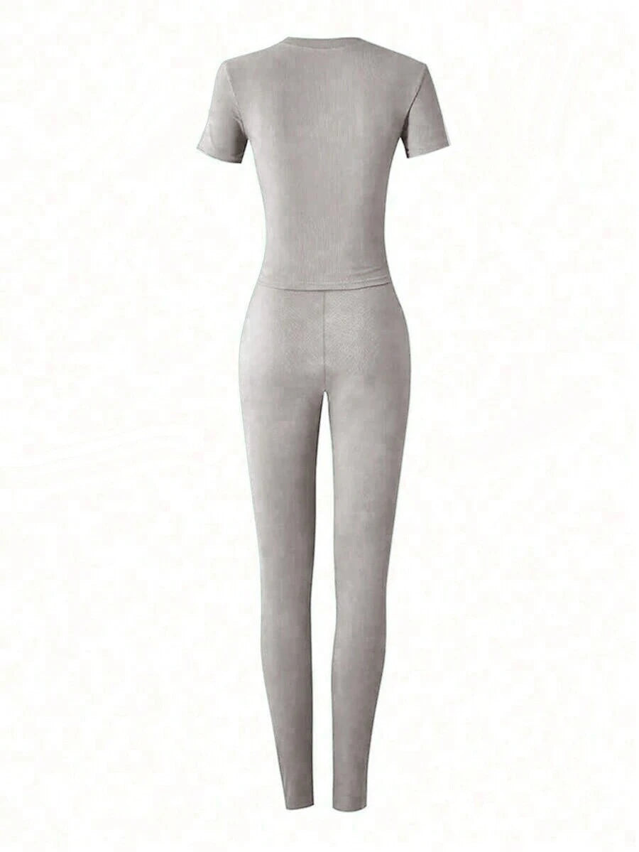 Form-Fitting Short Sleeve High Waisted Skinny Pants Casual Outfit