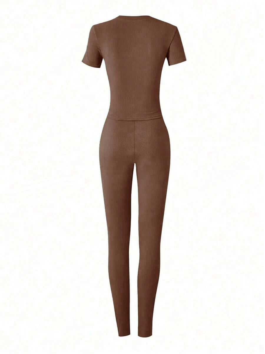 Form-Fitting Short Sleeve High Waisted Skinny Pants Casual Outfit
