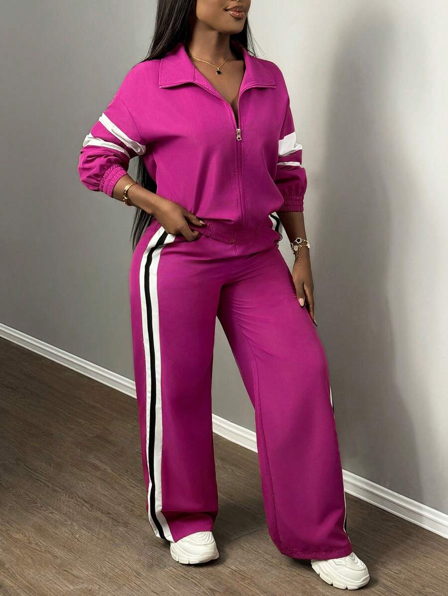 Slaydiva Women's Two-Piece Set Casual Sports Stand-Up Collar Zipper Jacket And Straight Wide-Leg Trousers Army Green,Autumn,Travel Airport Ribbon Outfits