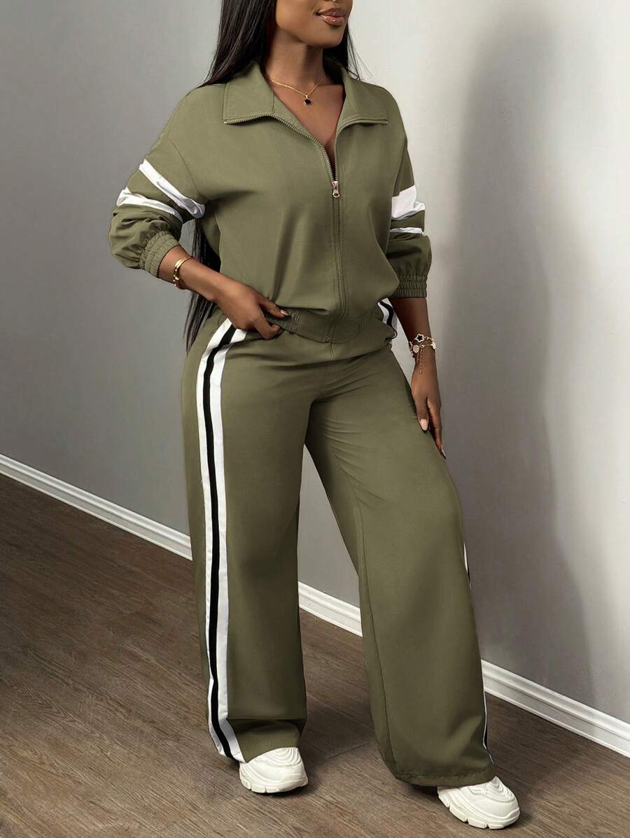 Slaydiva Women's Two-Piece Set Casual Sports Stand-Up Collar Zipper Jacket And Straight Wide-Leg Trousers Army Green,Autumn,Travel Airport Ribbon Outfits