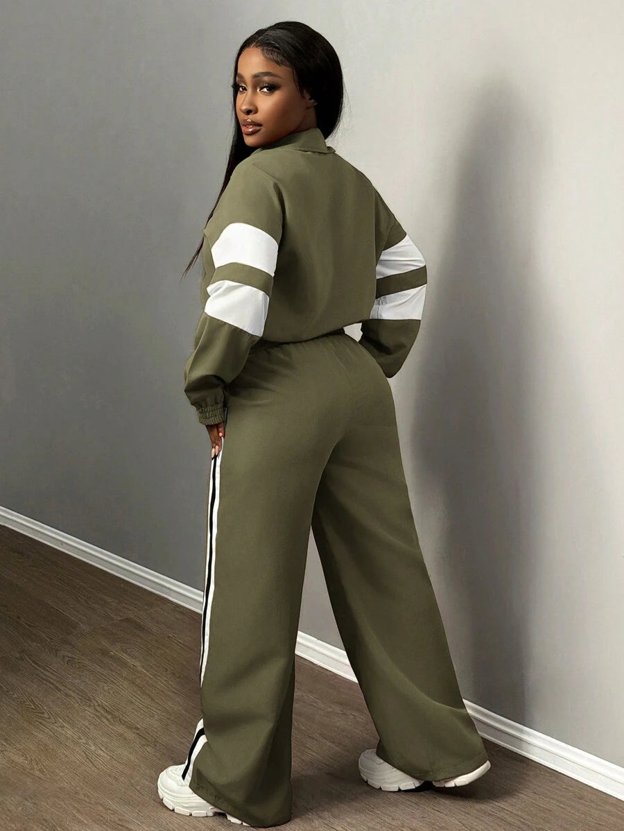 Slaydiva Women's Two-Piece Set Casual Sports Stand-Up Collar Zipper Jacket And Straight Wide-Leg Trousers Army Green,Autumn,Travel Airport Ribbon Outfits
