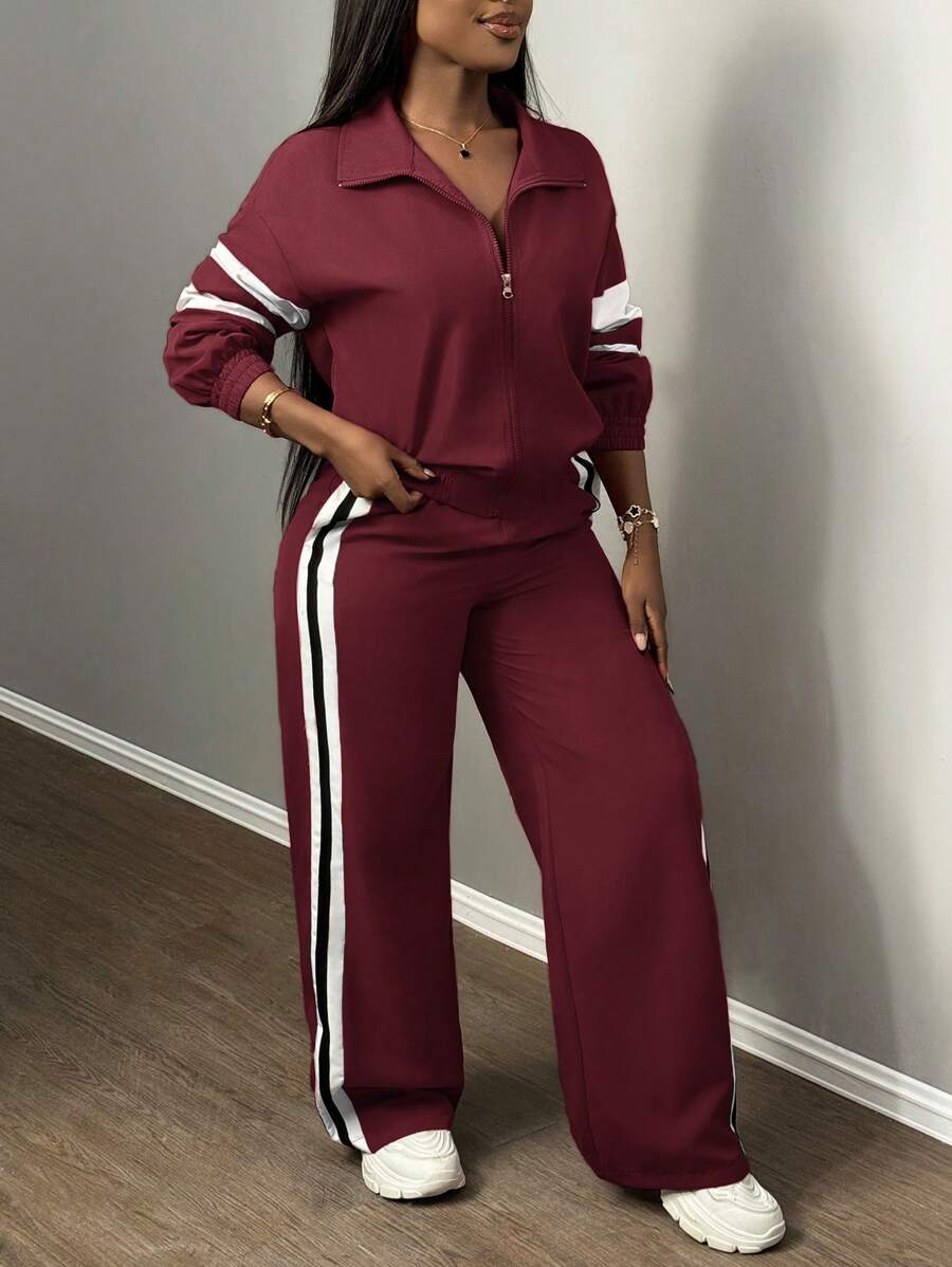 Slaydiva Women's Two-Piece Set Casual Sports Stand-Up Collar Zipper Jacket And Straight Wide-Leg Trousers Army Green,Autumn,Travel Airport Ribbon Outfits