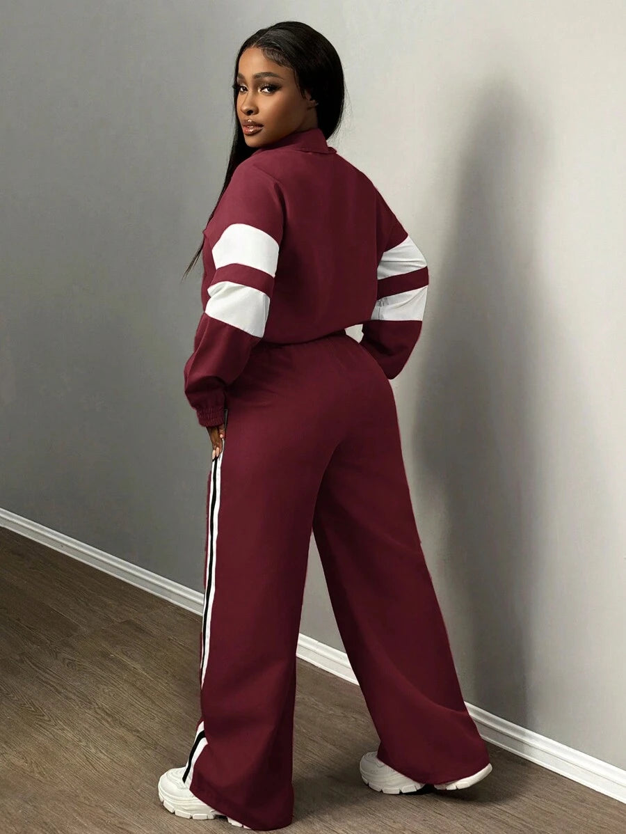 Slaydiva Women's Two-Piece Set Casual Sports Stand-Up Collar Zipper Jacket And Straight Wide-Leg Trousers Army Green,Autumn,Travel Airport Ribbon Outfits