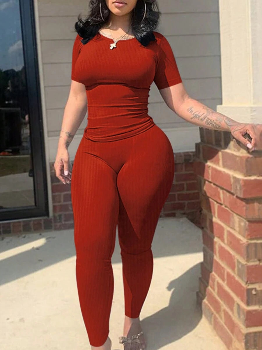 Form-Fitting Short Sleeve High Waisted Skinny Pants Casual Outfit