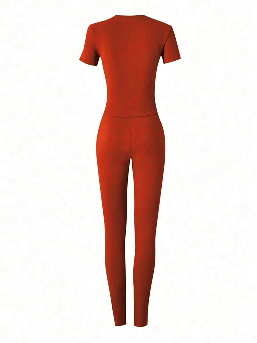 Form-Fitting Short Sleeve High Waisted Skinny Pants Casual Outfit