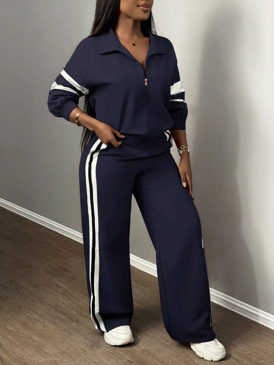 Slaydiva Women's Two-Piece Set Casual Sports Stand-Up Collar Zipper Jacket And Straight Wide-Leg Trousers Army Green,Autumn,Travel Airport Ribbon Outfits
