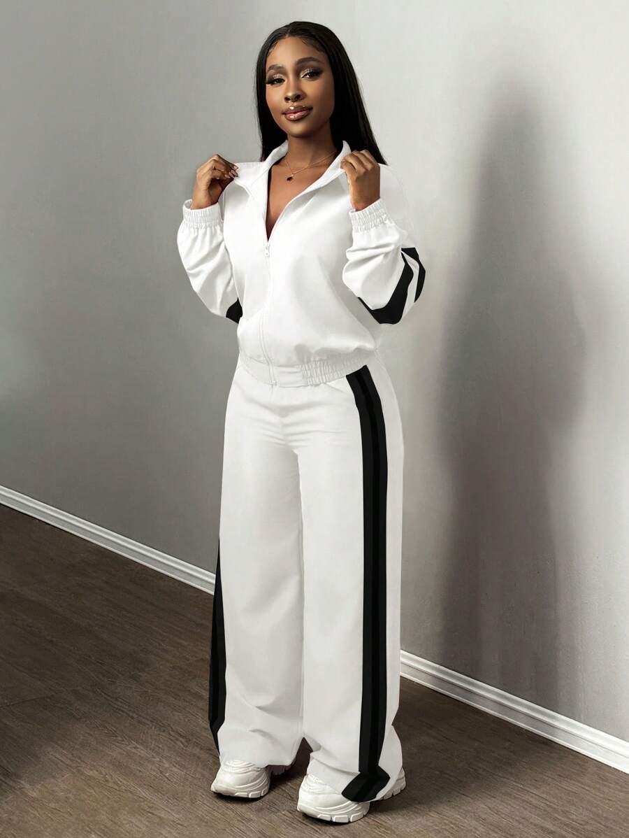 Slaydiva Women's Two-Piece Set Casual Sports Stand-Up Collar Zipper Jacket And Straight Wide-Leg Trousers Army Green,Autumn,Travel Airport Ribbon Outfits