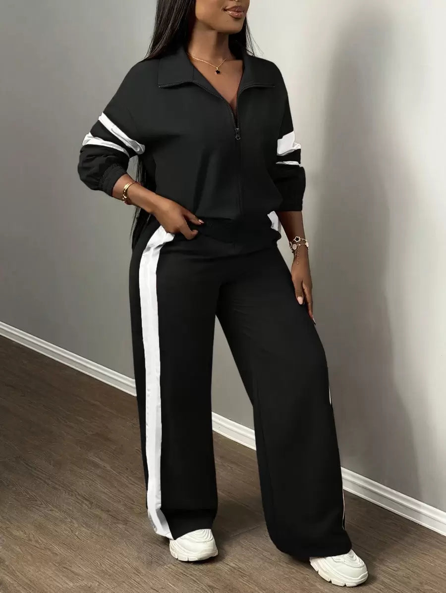 Slaydiva Women's Two-Piece Set Casual Sports Stand-Up Collar Zipper Jacket And Straight Wide-Leg Trousers Army Green,Autumn,Travel Airport Ribbon Outfits