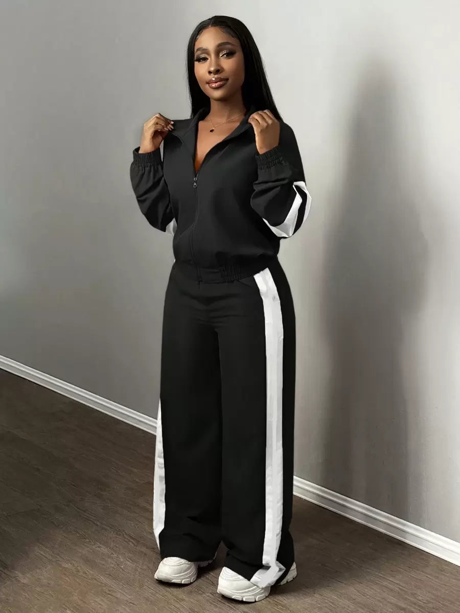 Slaydiva Women's Two-Piece Set Casual Sports Stand-Up Collar Zipper Jacket And Straight Wide-Leg Trousers Army Green,Autumn,Travel Airport Ribbon Outfits