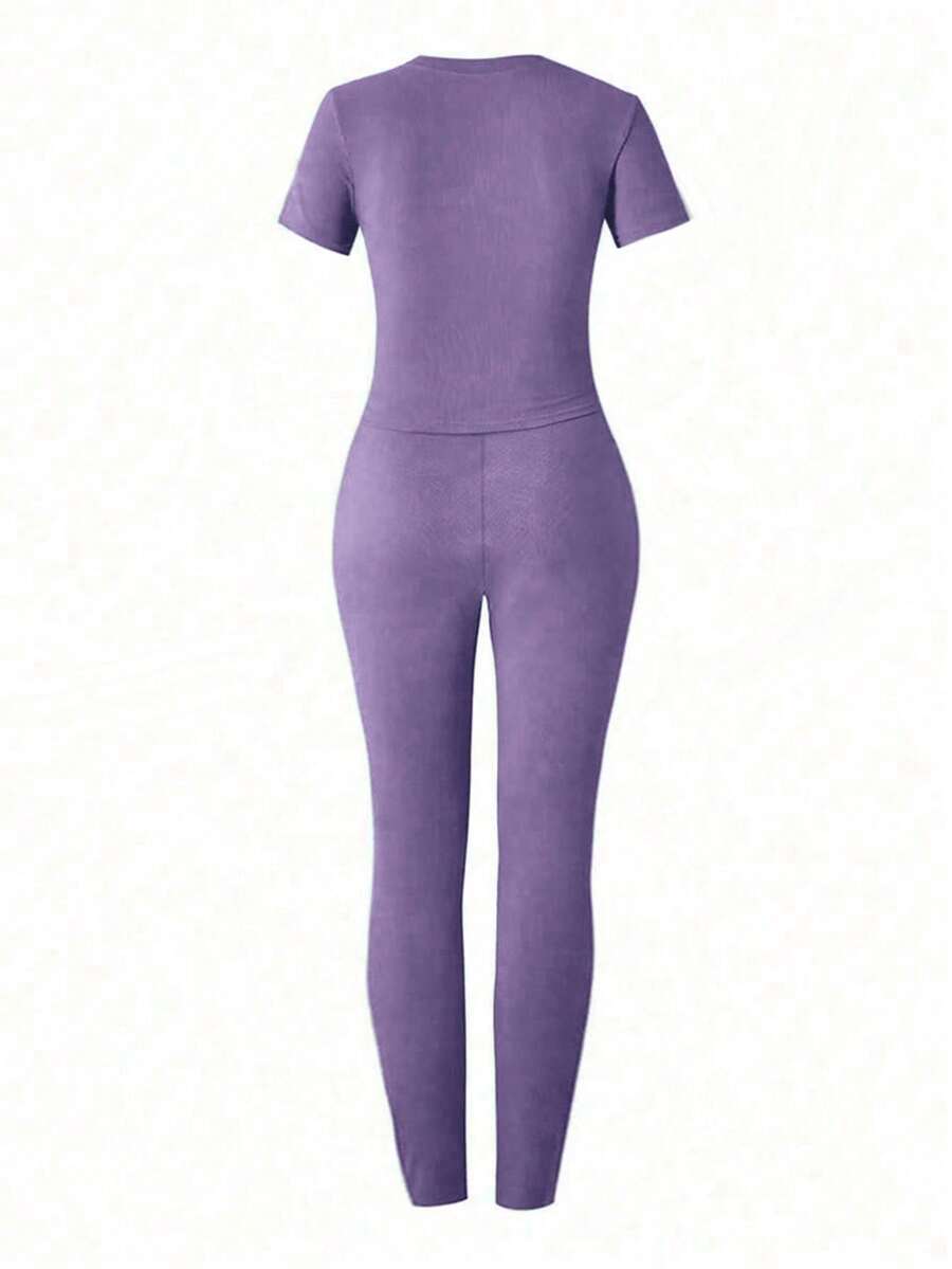 Form-Fitting Short Sleeve High Waisted Skinny Pants Casual Outfit
