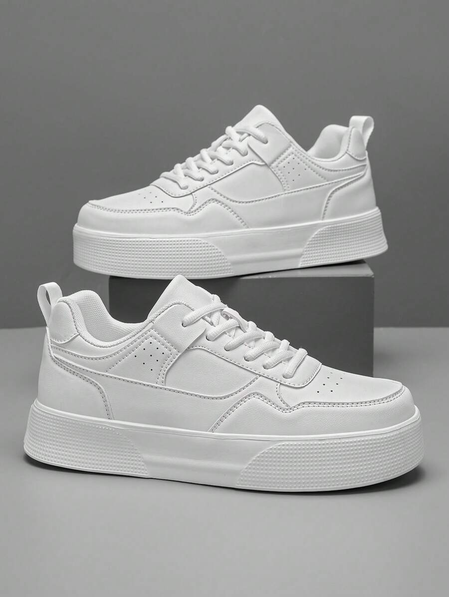 Men's Solid Gray Front Lace-Up Skateboard Shoes, Minimalist Style With Splicing Details, Round Toe Low-Top Sneakers