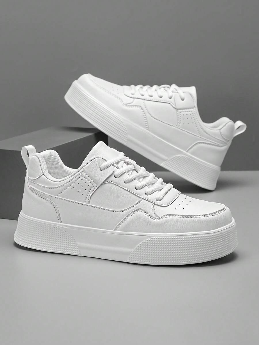 Men's Solid Gray Front Lace-Up Skateboard Shoes, Minimalist Style With Splicing Details, Round Toe Low-Top Sneakers