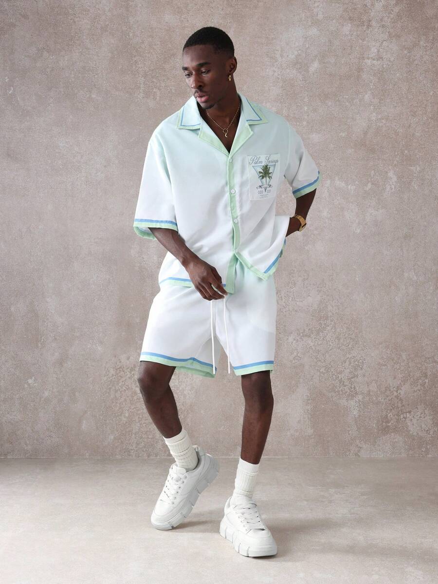 SUMWON Palm Springs Resort Lounge Co-Ord Set Short Sleeve Shirt Shorts Matching Summer Holiday Beach Wear Vacation Two Piece Outfit Leisure Wear