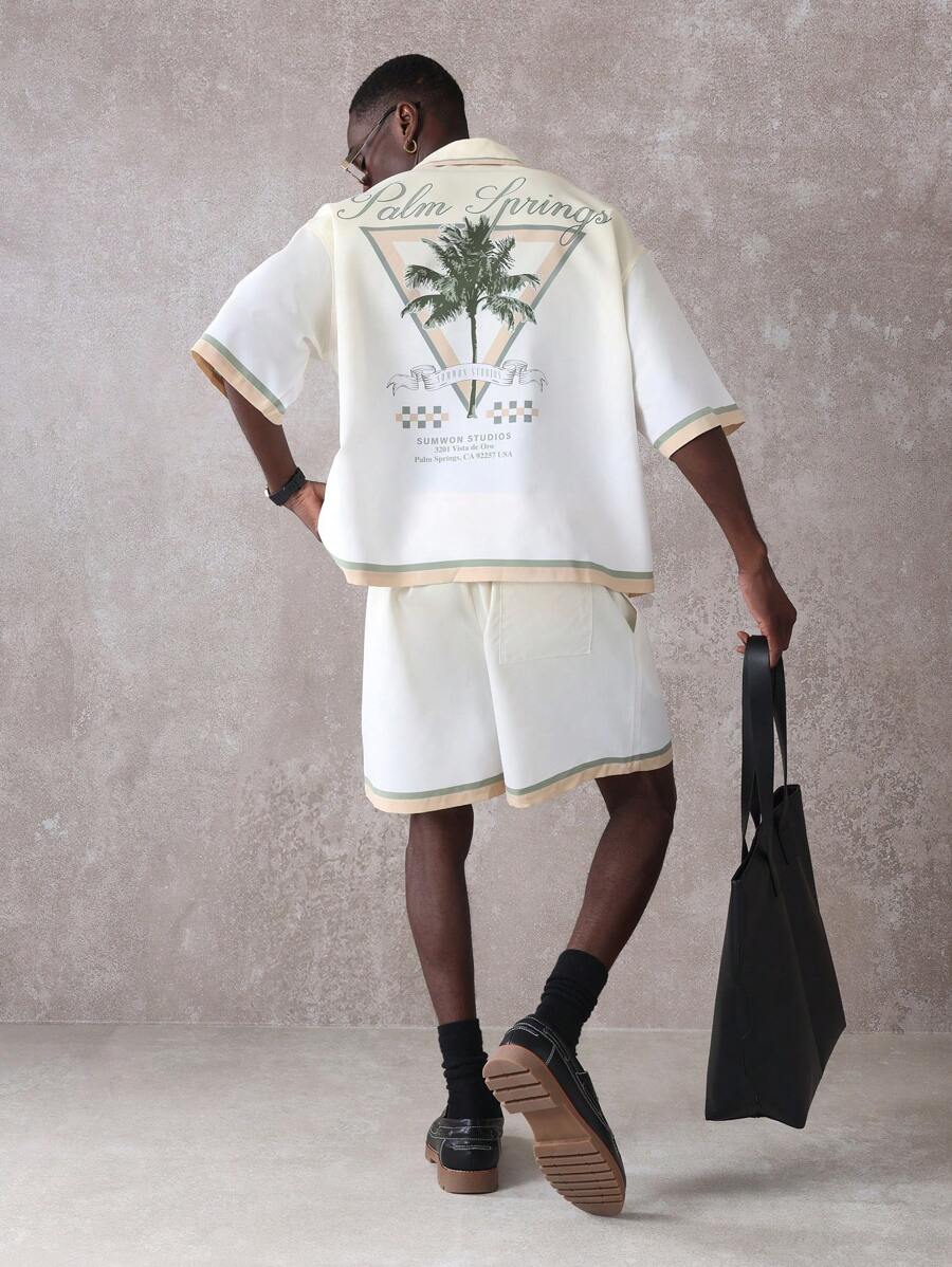 SUMWON Palm Springs Resort Lounge Co-Ord Set Short Sleeve Shirt Shorts Matching Summer Holiday Beach Wear Vacation Two Piece Outfit Leisure Wear