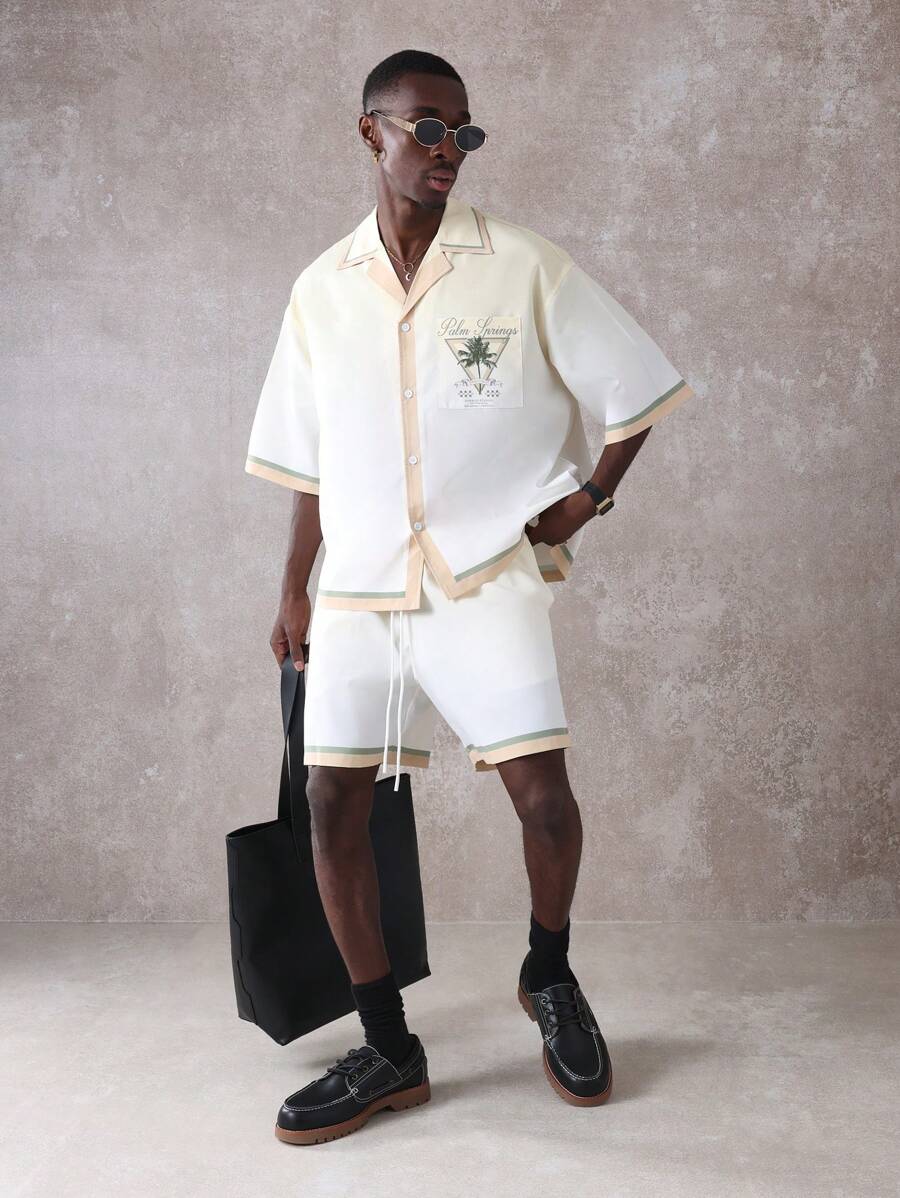 SUMWON Palm Springs Resort Lounge Co-Ord Set Short Sleeve Shirt Shorts Matching Summer Holiday Beach Wear Vacation Two Piece Outfit Leisure Wear