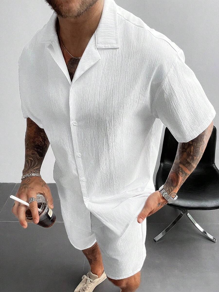 2pcs Men's Summer Set, Lightweight Breathable Cuban Linen Shirt And Drawstring Shorts Set, Vintage Gentleman Style Casual Beach Wedding Party Holiday Travel Outfit, Father's Day Gift For Husband, Dad, Boyfriend, Comfortable & Versatile