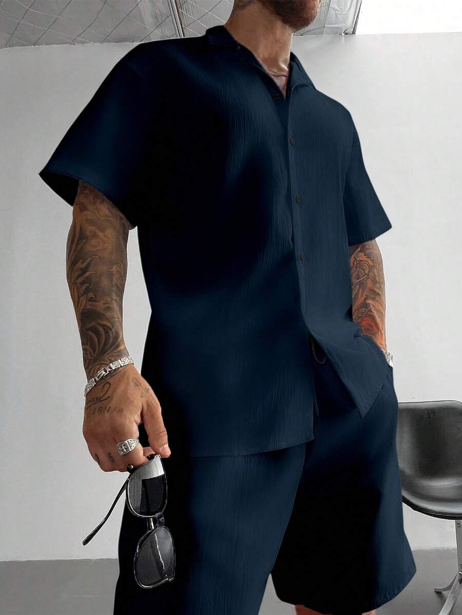 2pcs Men's Summer Set, Lightweight Breathable Cuban Linen Shirt And Drawstring Shorts Set, Vintage Gentleman Style Casual Beach Wedding Party Holiday Travel Outfit, Father's Day Gift For Husband, Dad, Boyfriend, Comfortable & Versatile