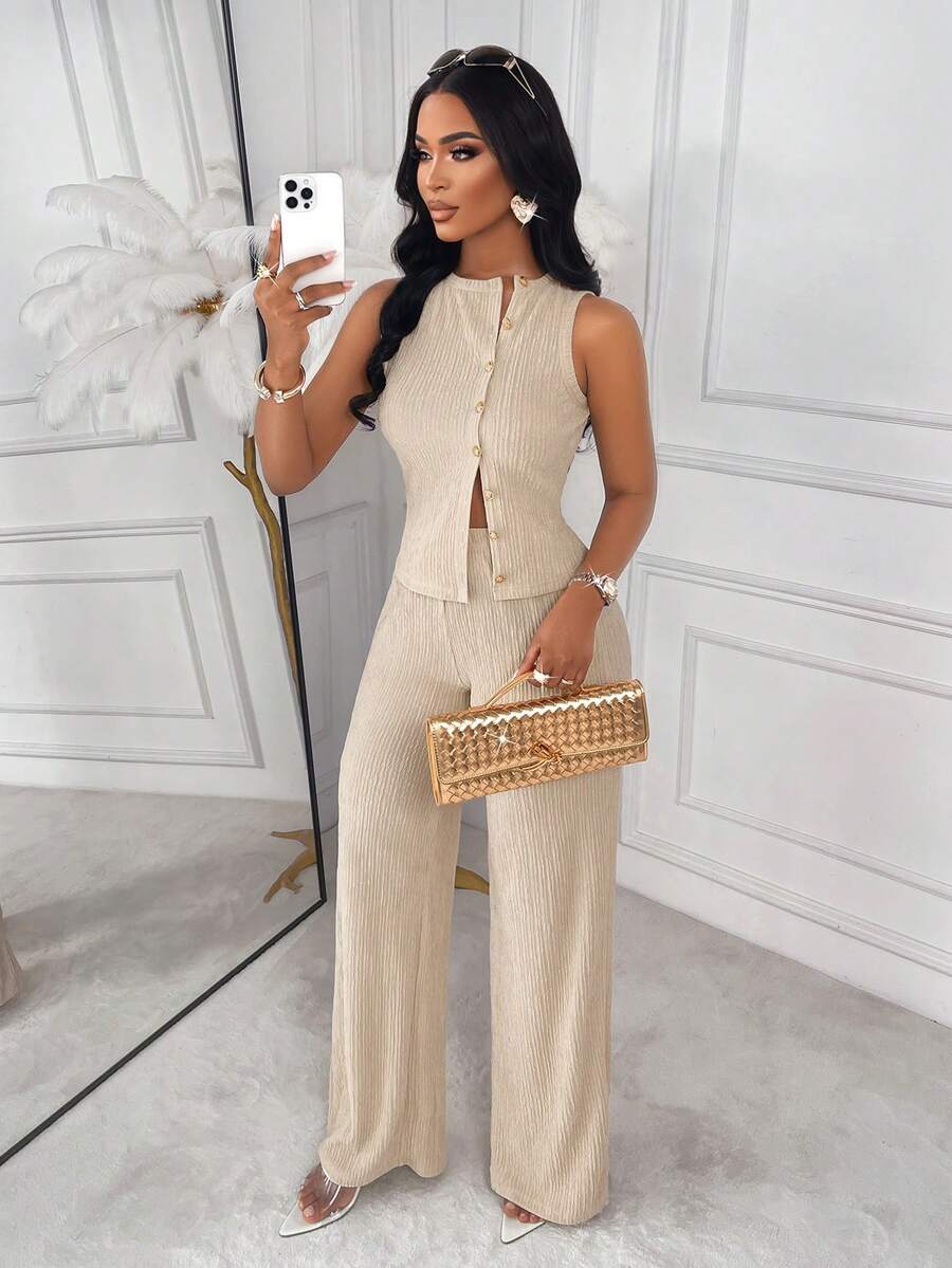 AIJ Amarilo Striped Sleeveless Top And Straight Leg Pants 2-Piece Suit Set, Elegant Business Casual, Latest Spring/Summer Women's Outfit Black