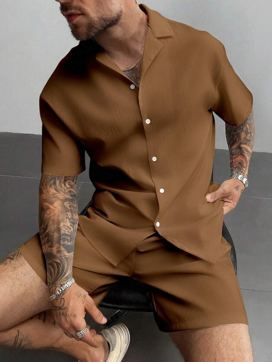 2pcs Men's Summer Set, Lightweight Breathable Cuban Linen Shirt And Drawstring Shorts Set, Vintage Gentleman Style Casual Beach Wedding Party Holiday Travel Outfit, Father's Day Gift For Husband, Dad, Boyfriend, Comfortable & Versatile