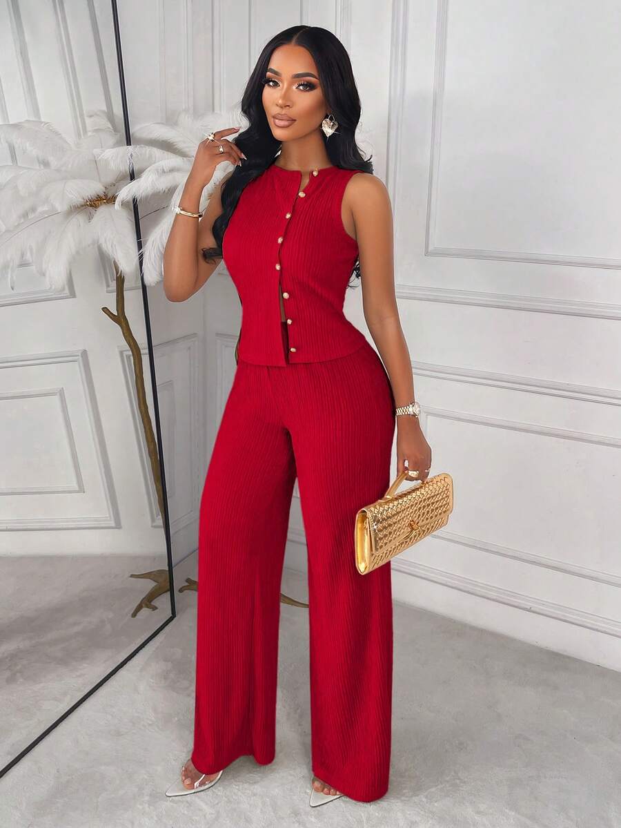 AIJ Amarilo Striped Sleeveless Top And Straight Leg Pants 2-Piece Suit Set, Elegant Business Casual, Latest Spring/Summer Women's Outfit Black