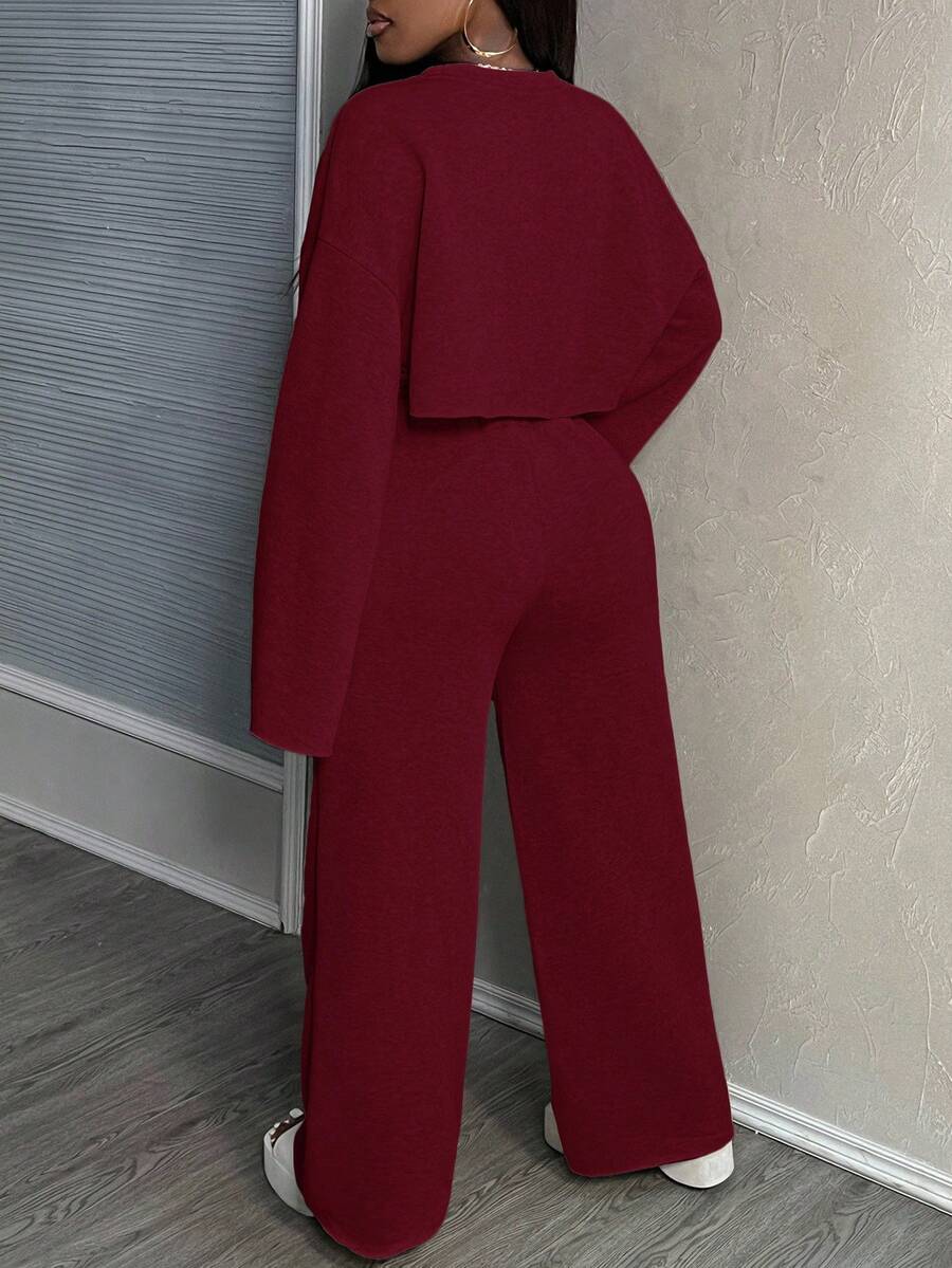 Slaydiva New Casual Basic Solid Color Long Sleeve Cropped Top, Cami, Wide-Leg Pants 3-Piece Suit Set For Women