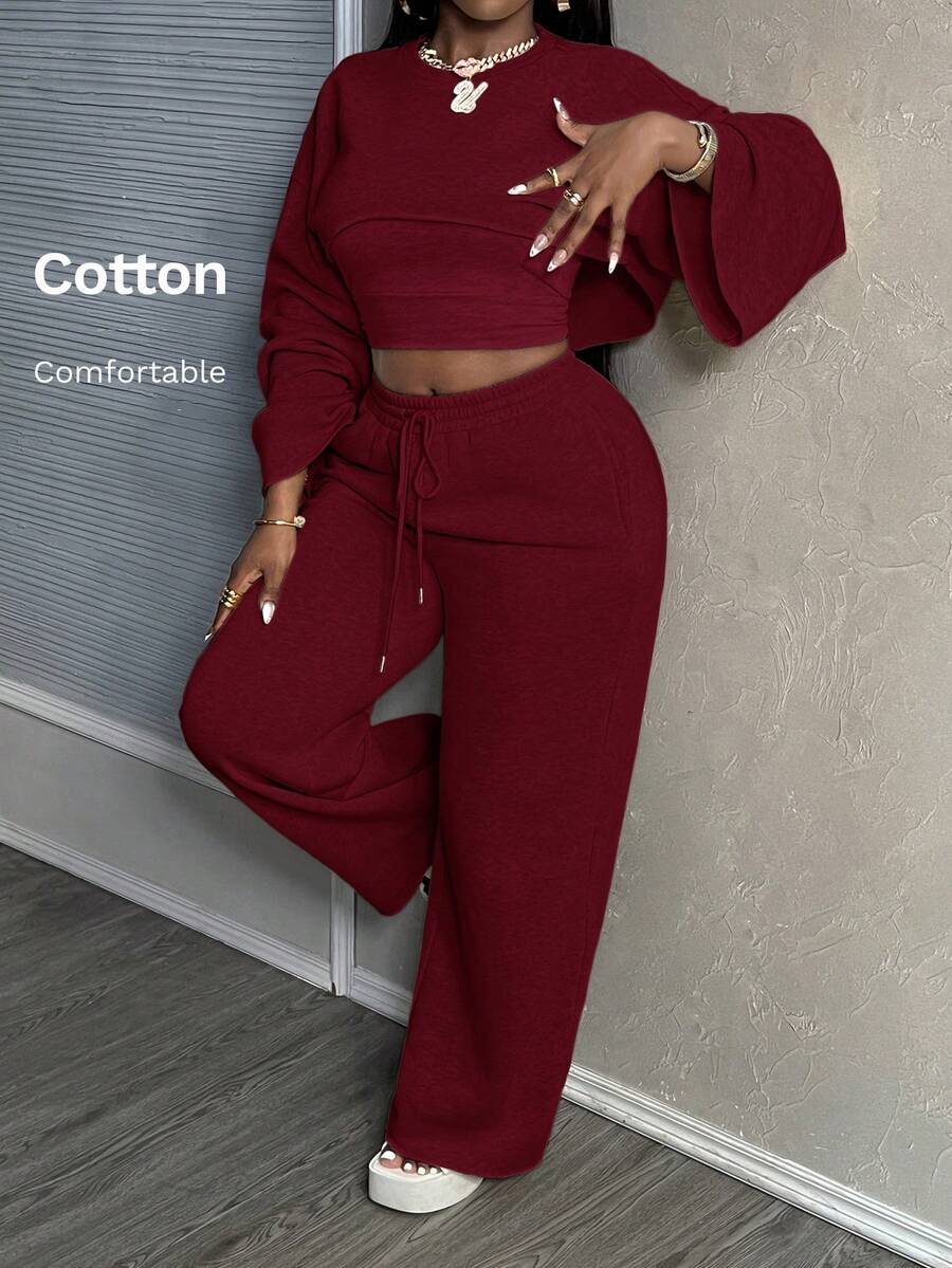 Slaydiva New Casual Basic Solid Color Long Sleeve Cropped Top, Cami, Wide-Leg Pants 3-Piece Suit Set For Women
