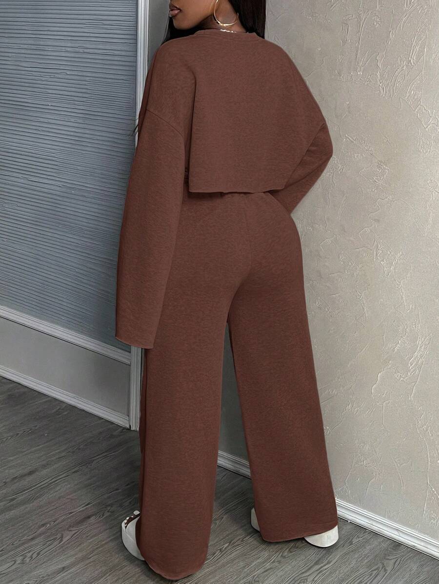 Slaydiva New Casual Basic Solid Color Long Sleeve Cropped Top, Cami, Wide-Leg Pants 3-Piece Suit Set For Women