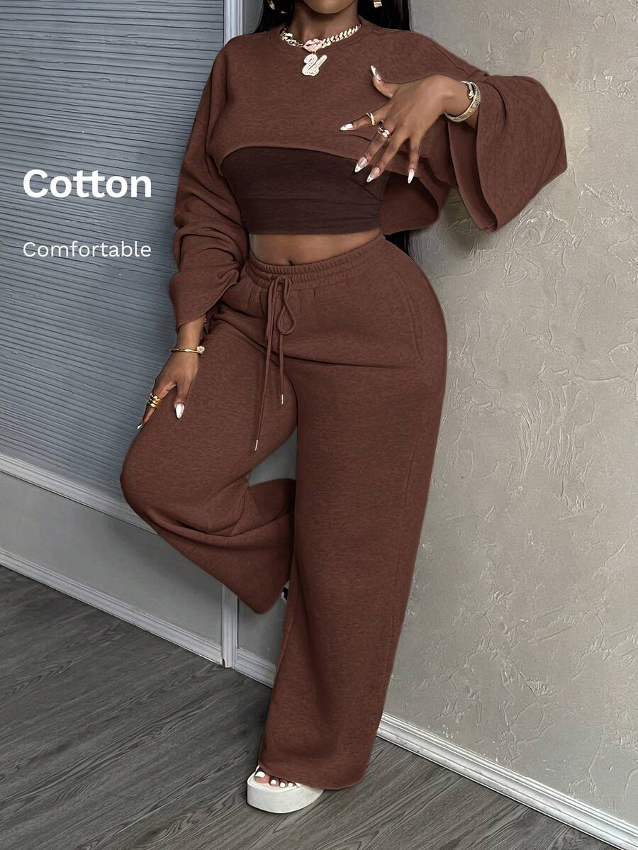 Slaydiva New Casual Basic Solid Color Long Sleeve Cropped Top, Cami, Wide-Leg Pants 3-Piece Suit Set For Women