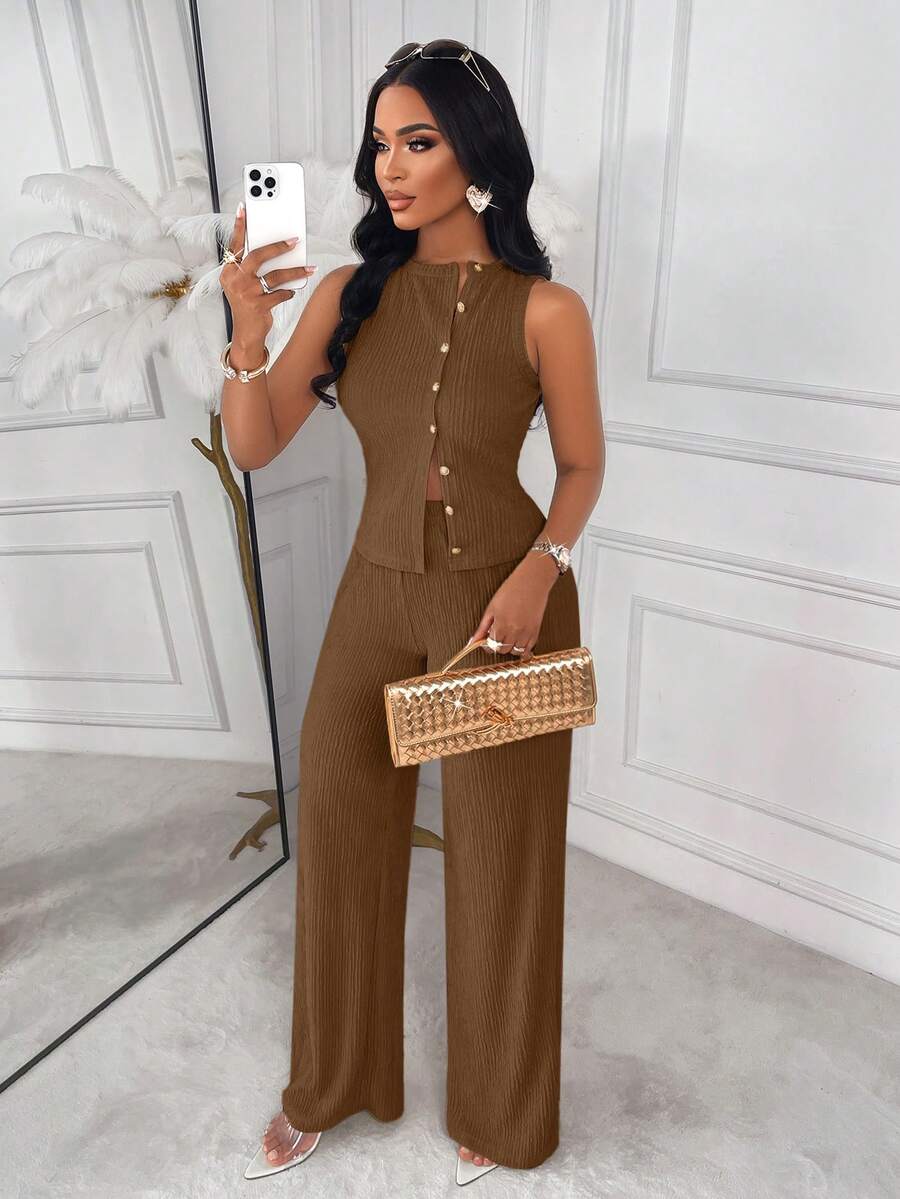 AIJ Amarilo Striped Sleeveless Top And Straight Leg Pants 2-Piece Suit Set, Elegant Business Casual, Latest Spring/Summer Women's Outfit Black