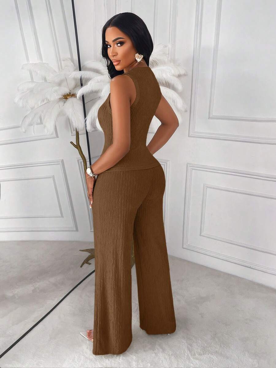 AIJ Amarilo Striped Sleeveless Top And Straight Leg Pants 2-Piece Suit Set, Elegant Business Casual, Latest Spring/Summer Women's Outfit Black