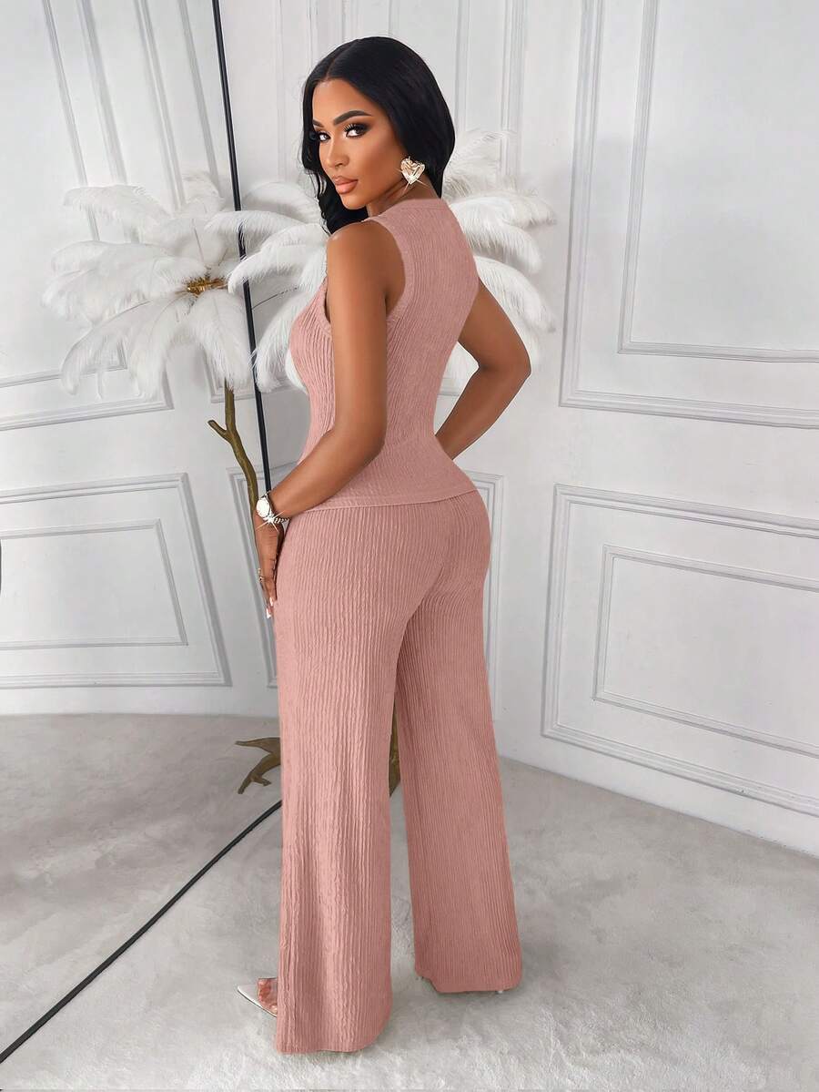 AIJ Amarilo Striped Sleeveless Top And Straight Leg Pants 2-Piece Suit Set, Elegant Business Casual, Latest Spring/Summer Women's Outfit Black