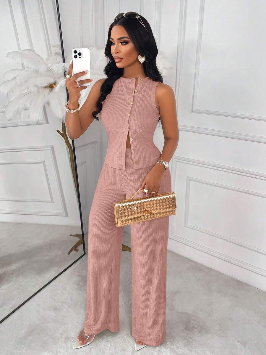 AIJ Amarilo Striped Sleeveless Top And Straight Leg Pants 2-Piece Suit Set, Elegant Business Casual, Latest Spring/Summer Women's Outfit Black