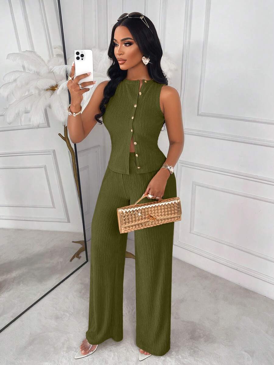 AIJ Amarilo Striped Sleeveless Top And Straight Leg Pants 2-Piece Suit Set, Elegant Business Casual, Latest Spring/Summer Women's Outfit Black