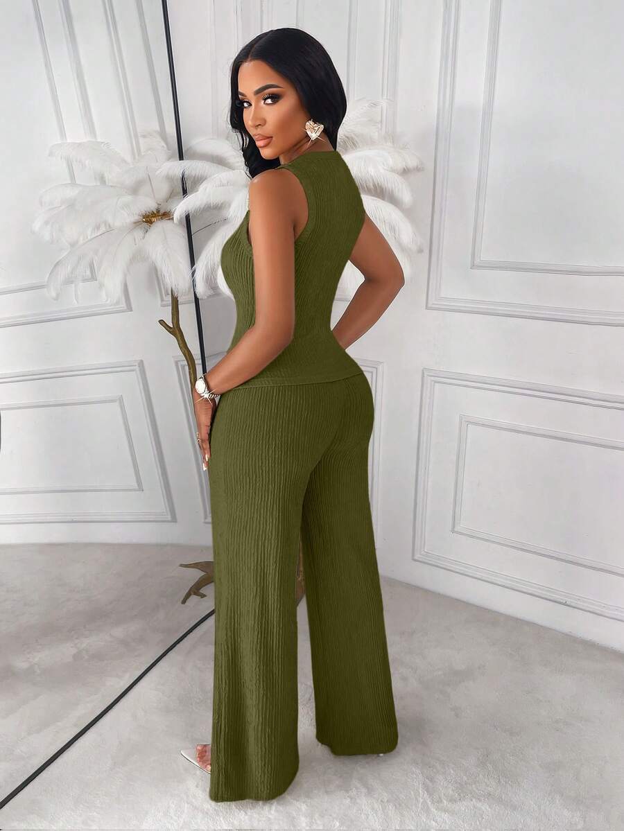 AIJ Amarilo Striped Sleeveless Top And Straight Leg Pants 2-Piece Suit Set, Elegant Business Casual, Latest Spring/Summer Women's Outfit Black