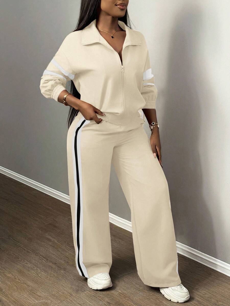 Slaydiva Women's Two-Piece Set Casual Sports Stand-Up Collar Zipper Jacket And Straight Wide-Leg Trousers Army Green,Autumn,Travel Airport Ribbon Outfits