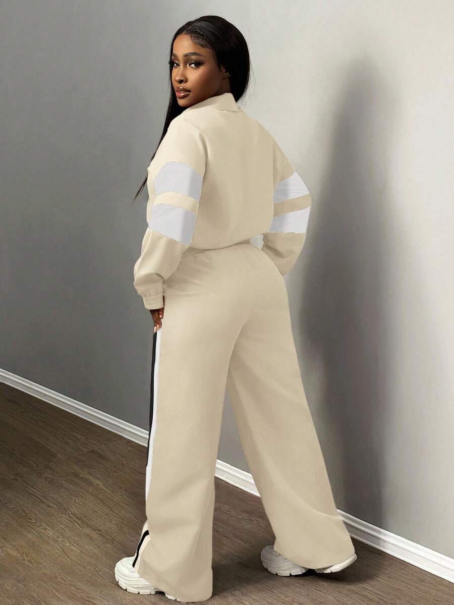 Slaydiva Women's Two-Piece Set Casual Sports Stand-Up Collar Zipper Jacket And Straight Wide-Leg Trousers Army Green,Autumn,Travel Airport Ribbon Outfits