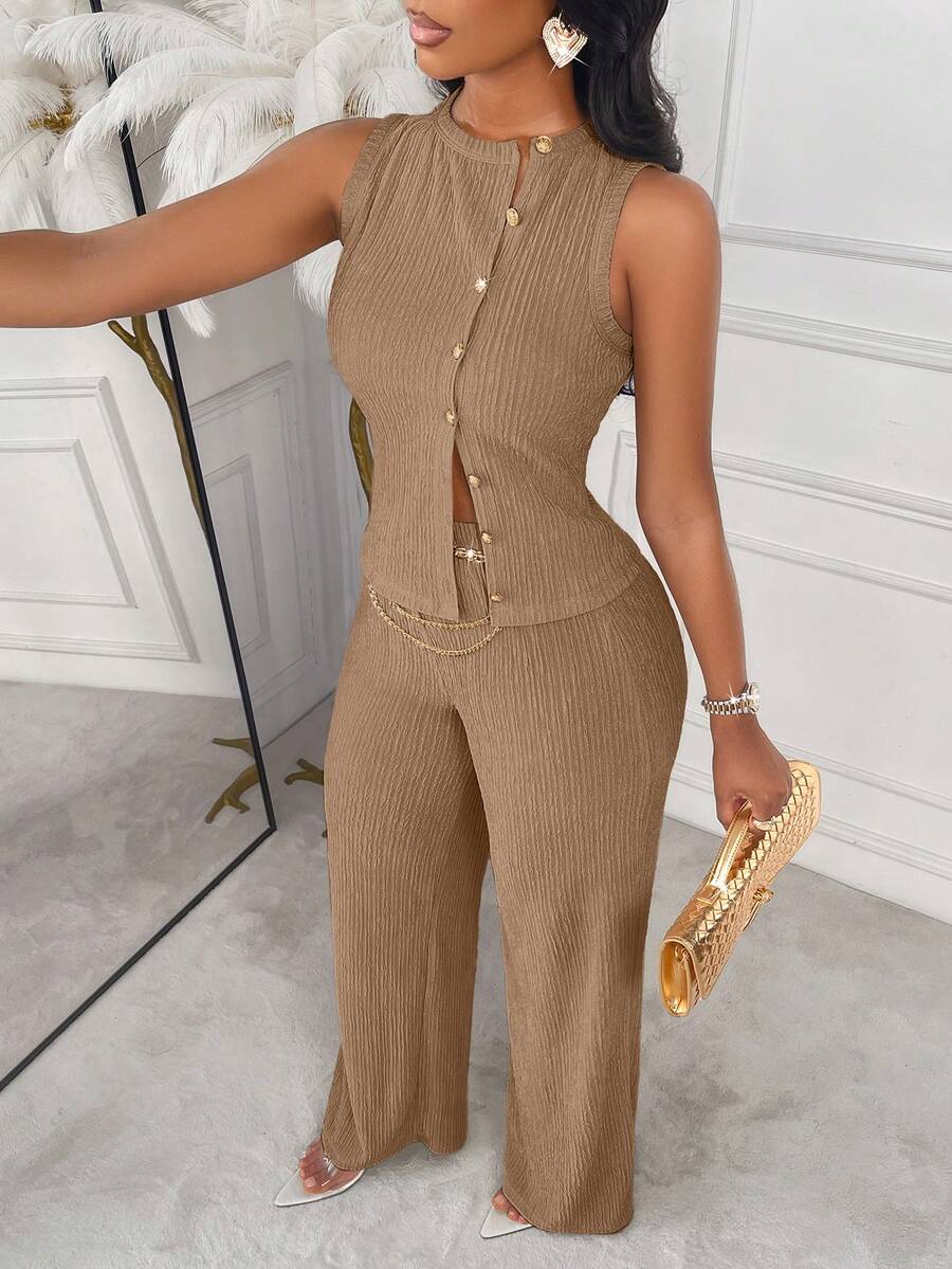 AIJ Amarilo Striped Sleeveless Top And Straight Leg Pants 2-Piece Suit Set, Elegant Business Casual, Latest Spring/Summer Women's Outfit Black