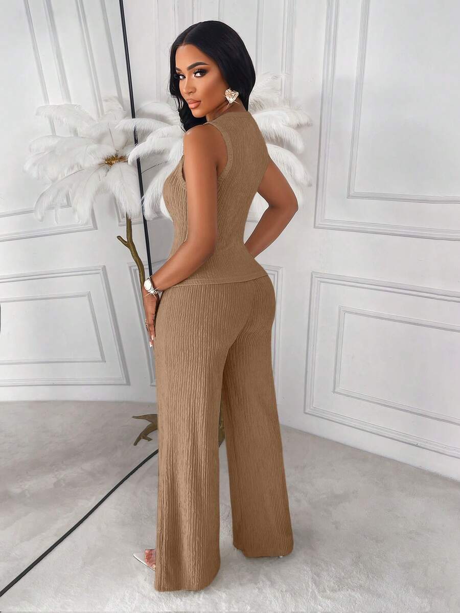 AIJ Amarilo Striped Sleeveless Top And Straight Leg Pants 2-Piece Suit Set, Elegant Business Casual, Latest Spring/Summer Women's Outfit Black