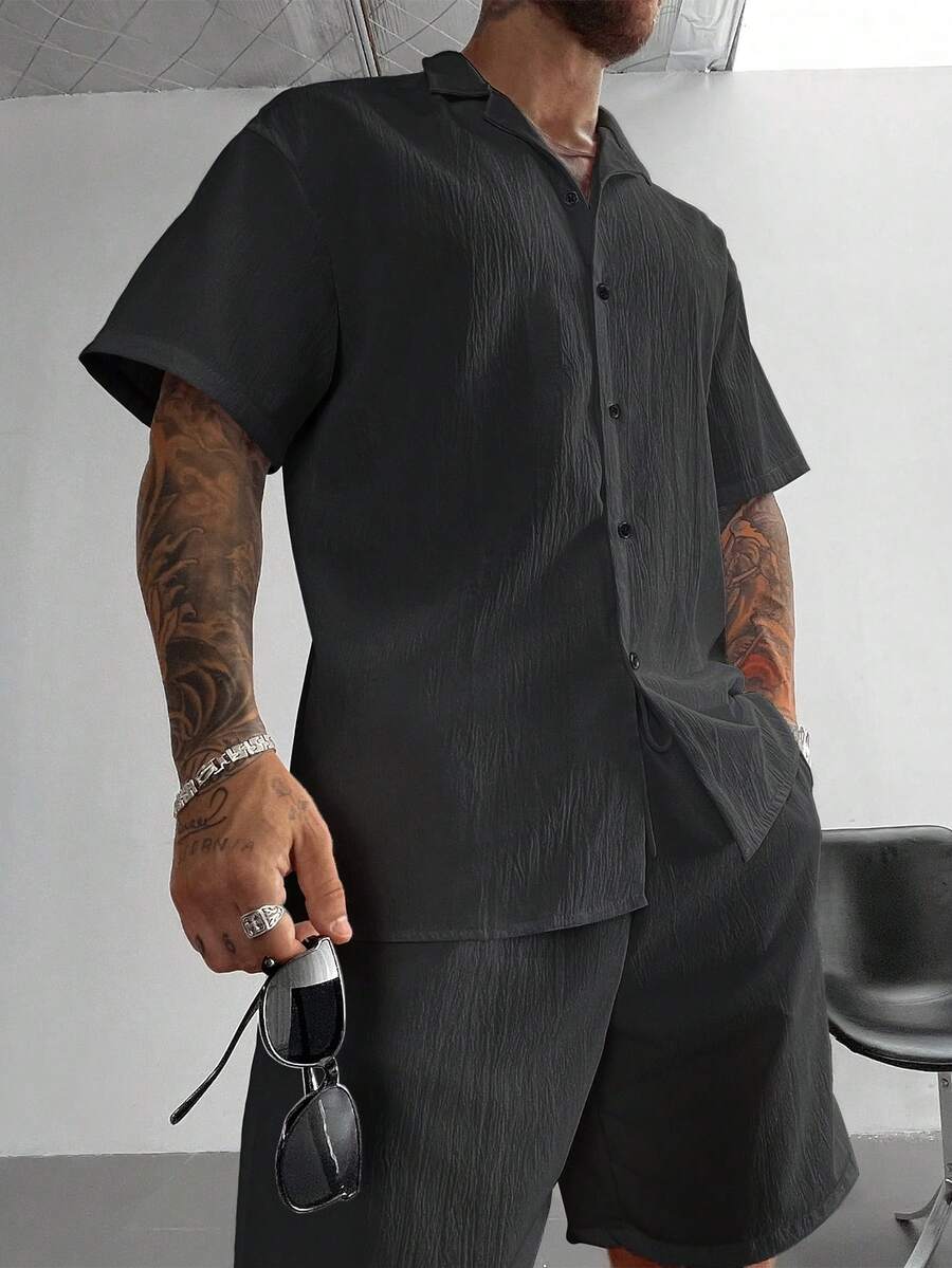 2pcs Men's Summer Set, Lightweight Breathable Cuban Linen Shirt And Drawstring Shorts Set, Vintage Gentleman Style Casual Beach Wedding Party Holiday Travel Outfit, Father's Day Gift For Husband, Dad, Boyfriend, Comfortable & Versatile