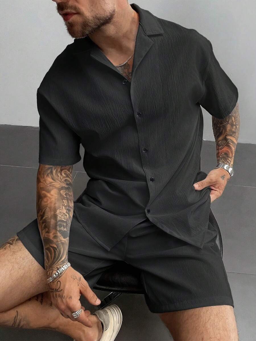 2pcs Men's Summer Set, Lightweight Breathable Cuban Linen Shirt And Drawstring Shorts Set, Vintage Gentleman Style Casual Beach Wedding Party Holiday Travel Outfit, Father's Day Gift For Husband, Dad, Boyfriend, Comfortable & Versatile