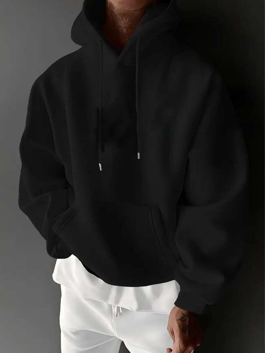 Men's Casual Minimalist Solid Color Kangaroo Pocket Drawstring Hoodie, Suitable For Daily Commute, Autumn/Winter