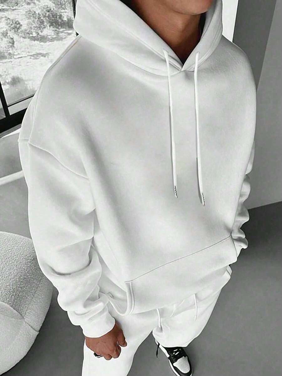 Men's Casual Minimalist Solid Color Kangaroo Pocket Drawstring Hoodie, Suitable For Daily Commute, Autumn/Winter